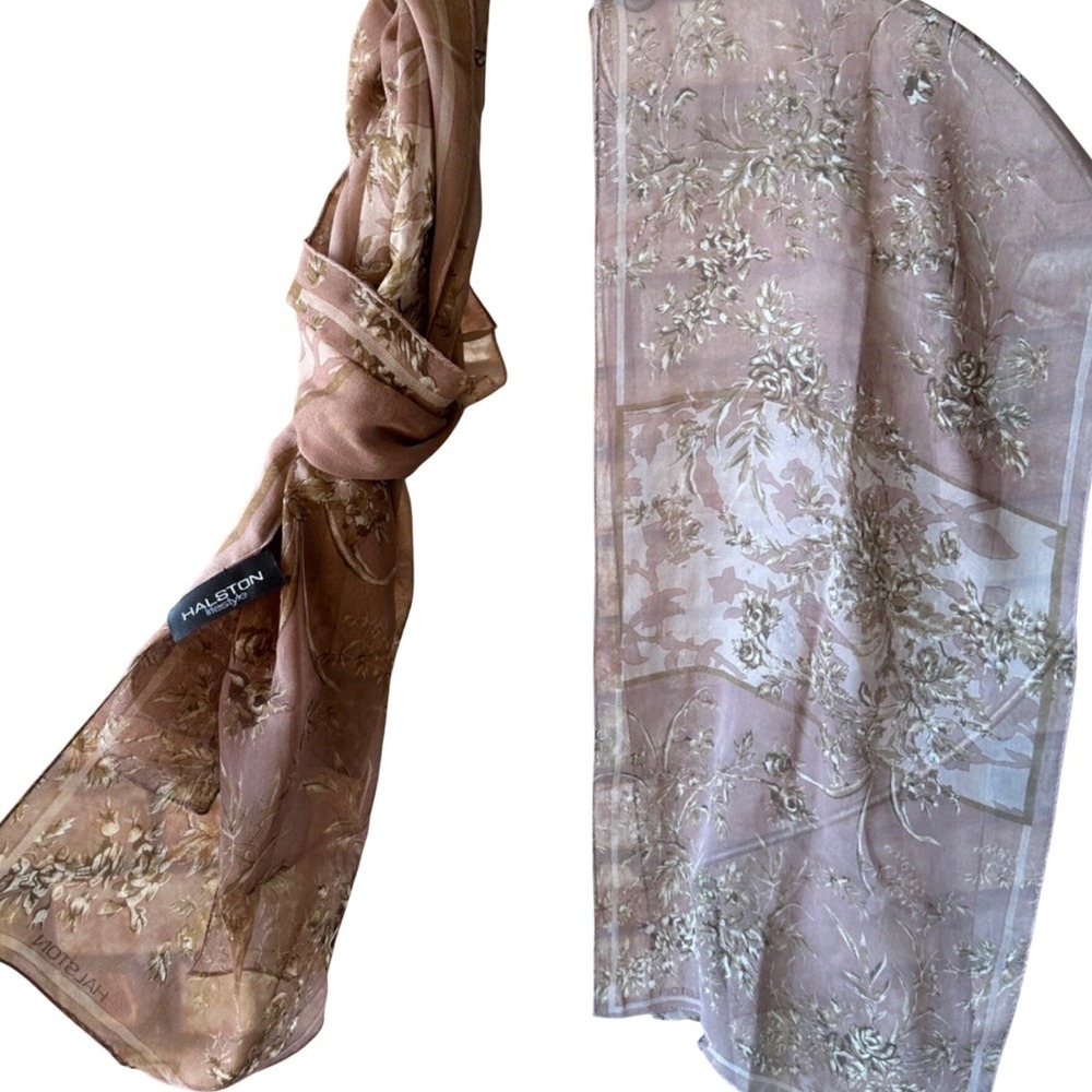 Halston Silk Scarf Brown Tan Dusty Rose Floral Sheer Wrap Fall Purse
